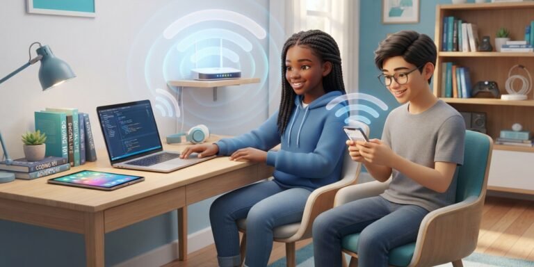 Teens using devices connected to a WiFi router