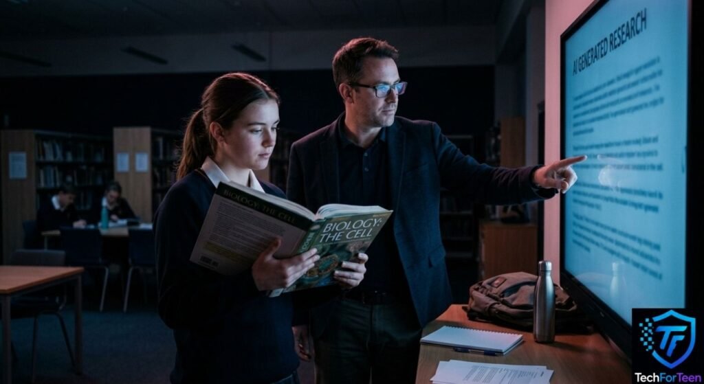 Teacher and student checking AI-generated information against a textbook