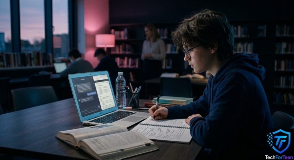 Student and teacher using AI as a learning tool in a modern classroom