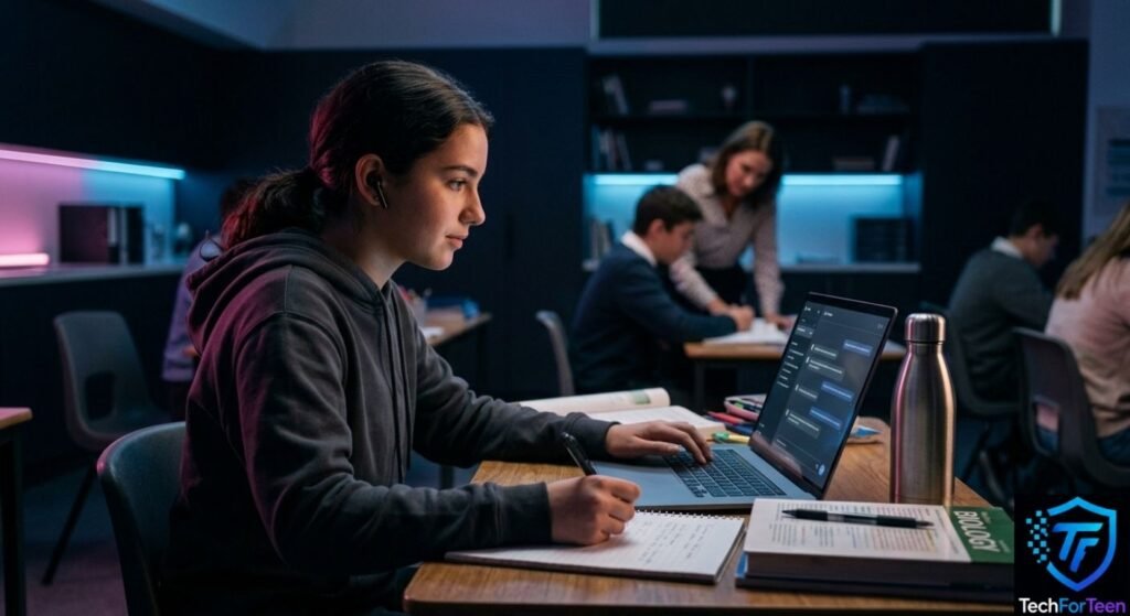 Student using ChatGPT to get help with schoolwork in a classroom