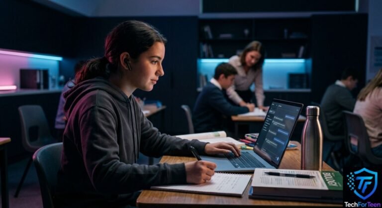 Student using ChatGPT to get help with schoolwork in a classroom