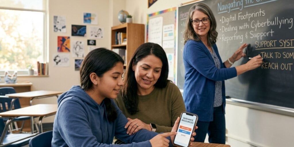 Parent and teacher supporting a teenager with an online safety concern