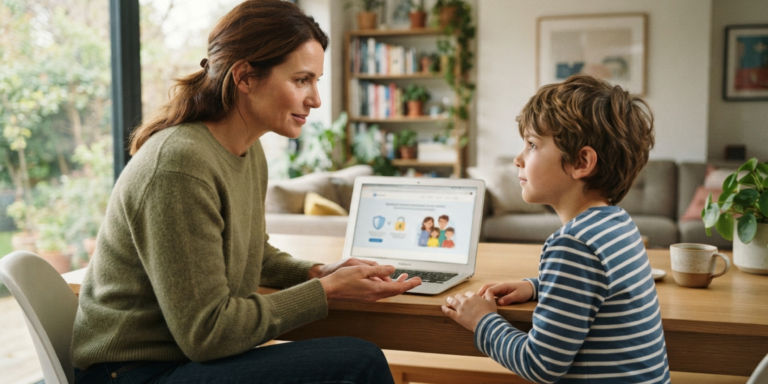 Parent talking to child about online safety