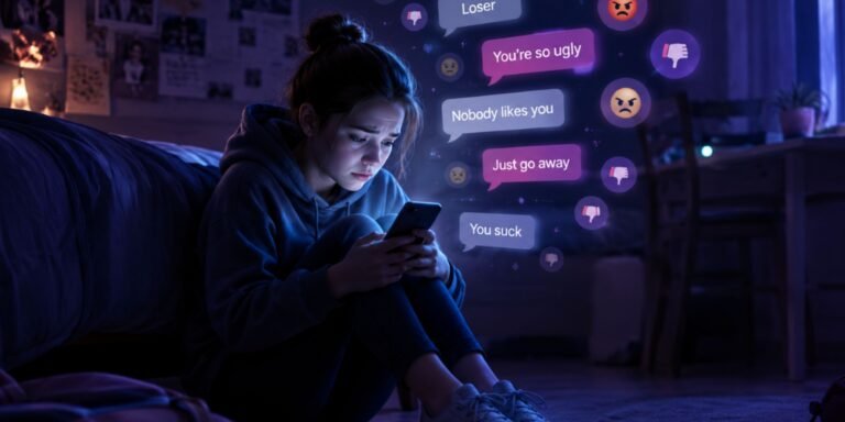 Teenager using a smartphone while learning about cyberbullying awareness