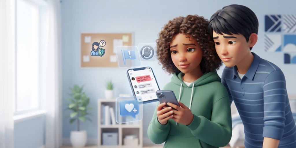 Teenager supporting someone experiencing cyberbullying online