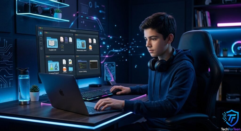Teenage boy using organized folders for school and coding projects