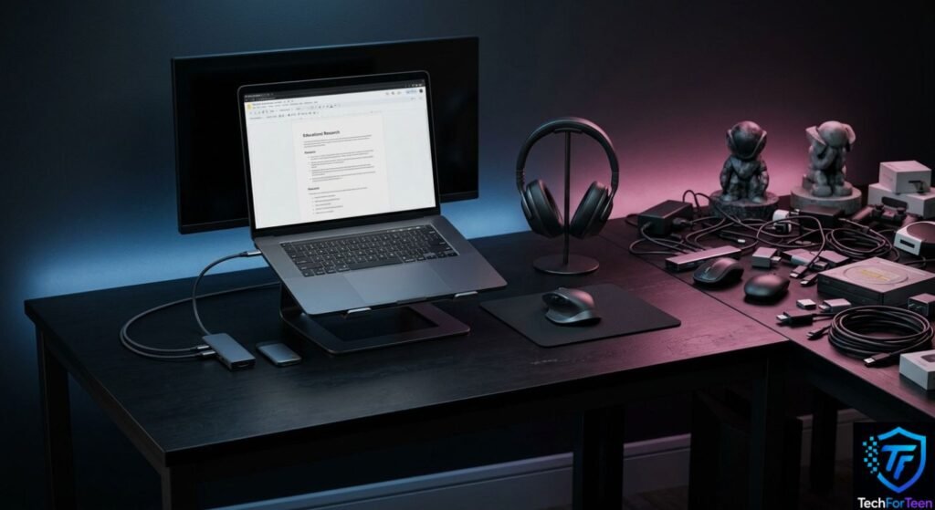 Laptop surrounded by unnecessary accessories beside a simple practical setup