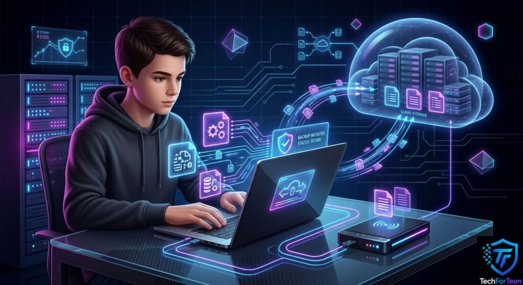 Teenage boy backing up important school files on a computer