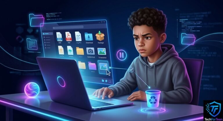 Teenage boy checking files before deleting them from a computer