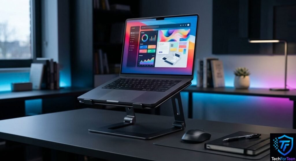 Raised laptop on a stand in an organized study setup