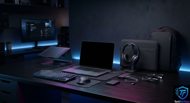 Laptop with useful accessories arranged for a productive student study setup