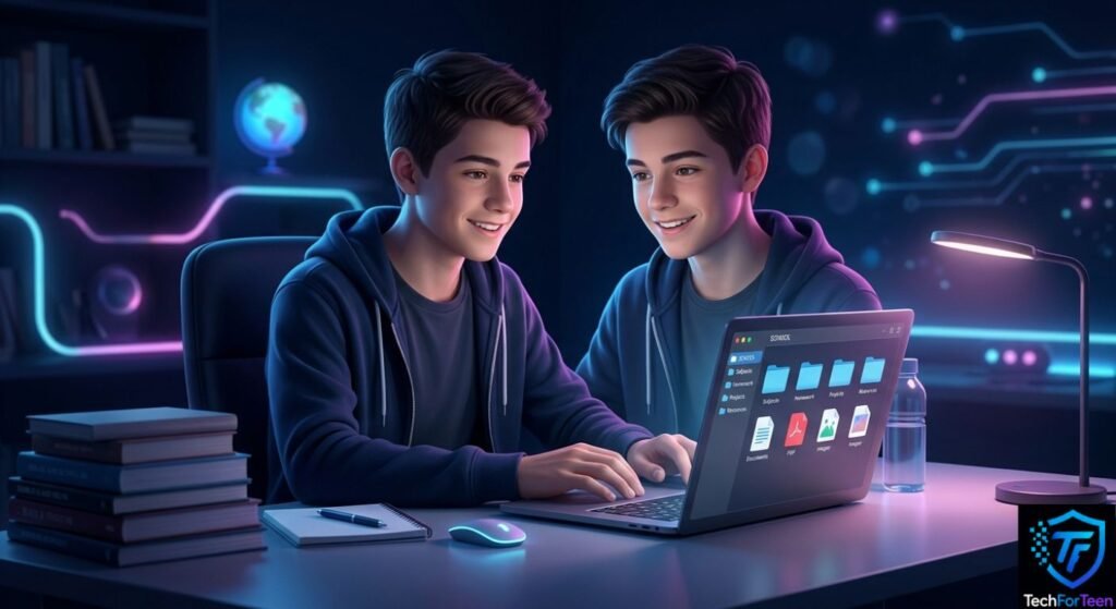 Teenage boy confidently using an organized computer for schoolwork