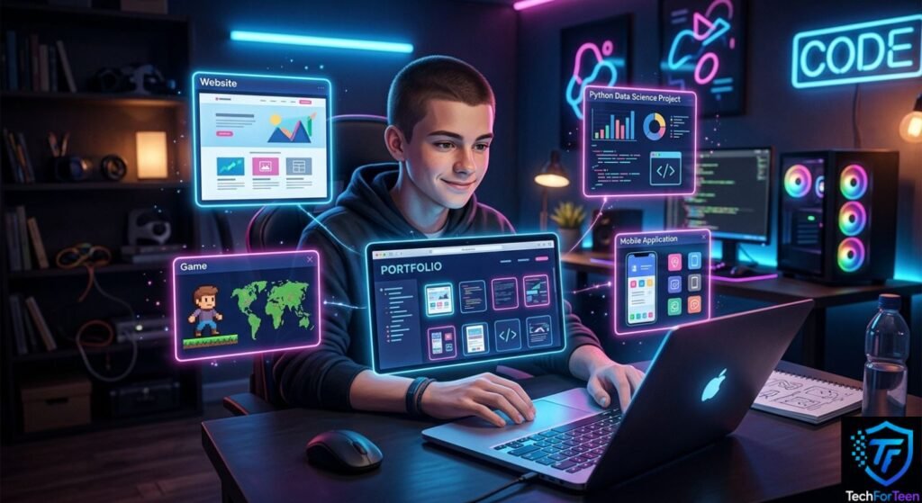 Teenager organizing coding projects into a digital portfolio