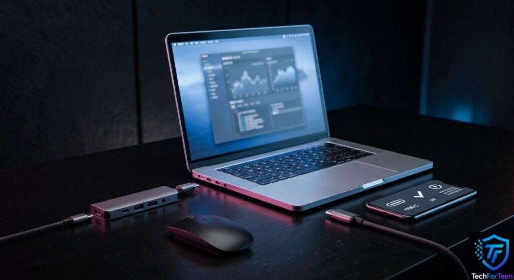 Laptop ports and accessories being checked for compatibility