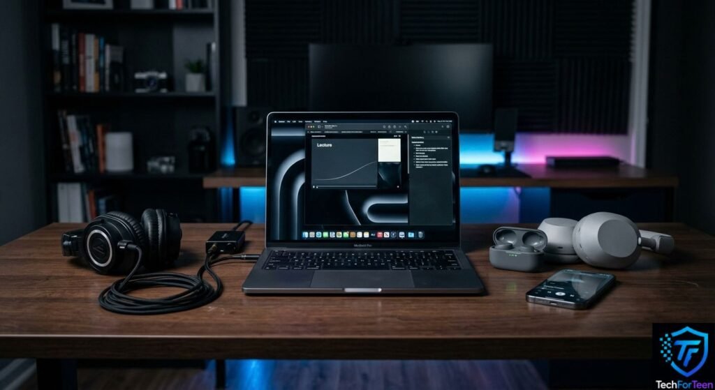 Wired and wireless headphones in a student technology setup