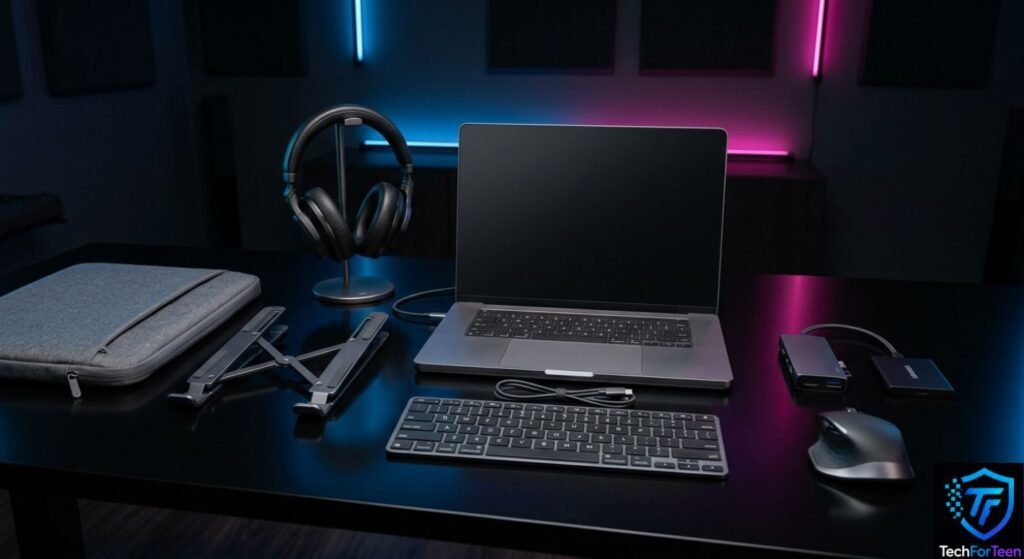 Multiple Laptop Accessories on a dark table