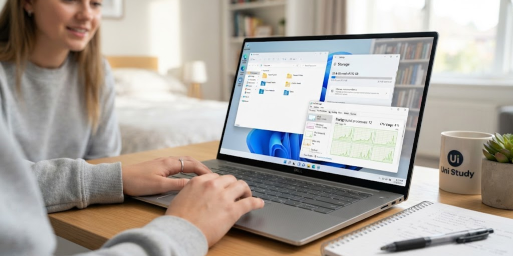Student cleaning storage and removing unnecessary files to speed up a slow laptop