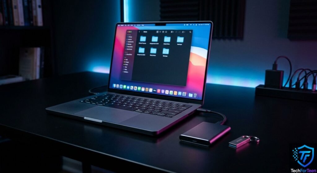 External SSD and USB flash drive beside a laptop for storing student files