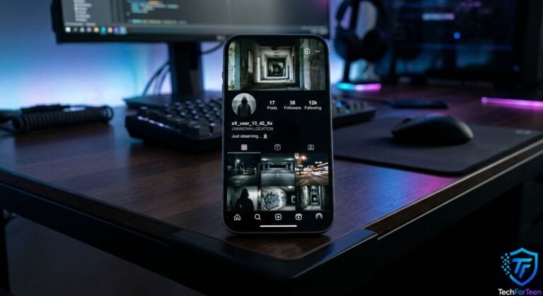 Smartphone showing an Instagram profile with warning signs of a fake account