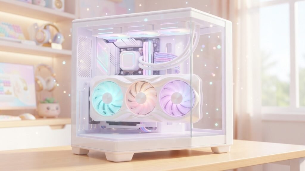 Bright 3D illustration of a gaming graphics card inside a colorful desktop PC setup for improving FPS