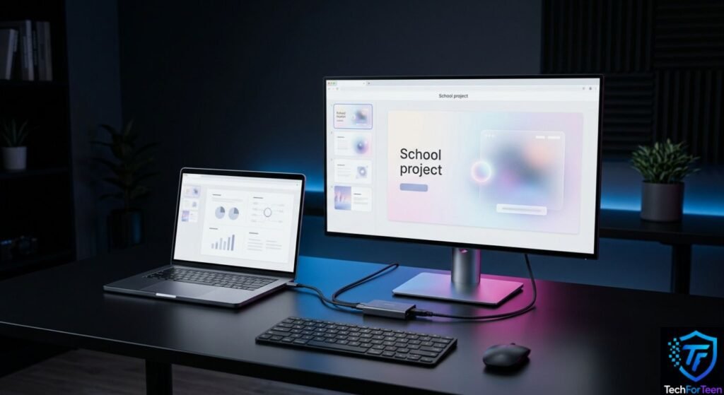 Laptop connected to an external display using a display adapter