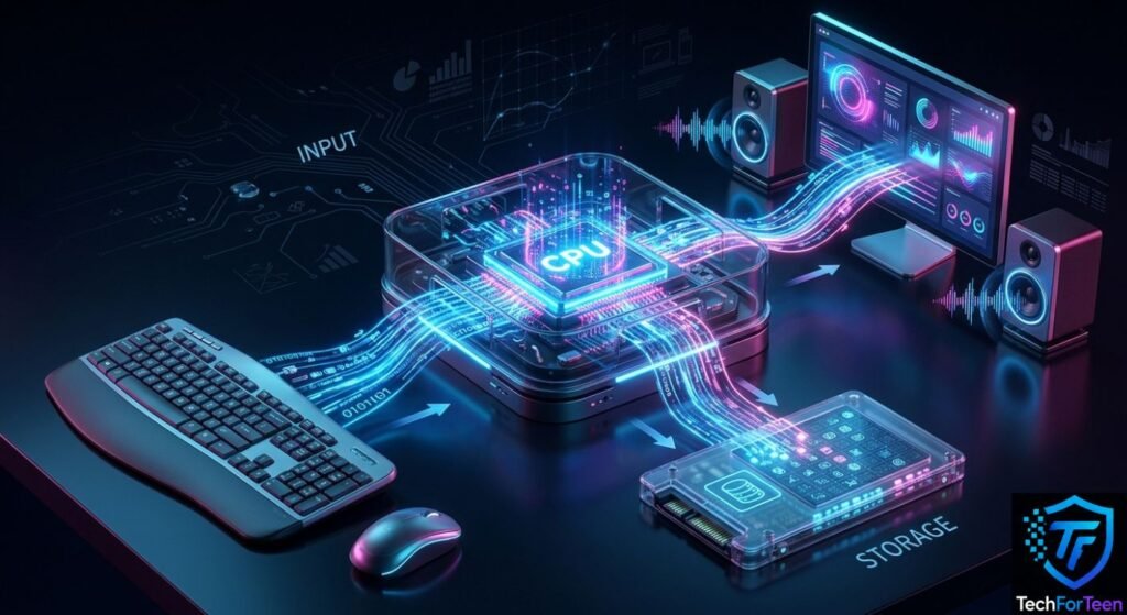 How a computer uses input, processing, output, and storage to complete different tasks.