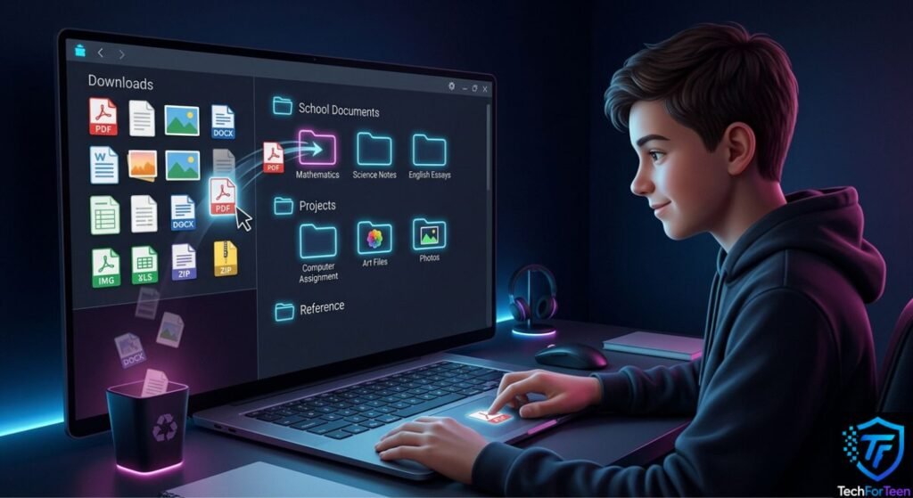 Teenage boy organizing downloaded files on a computer