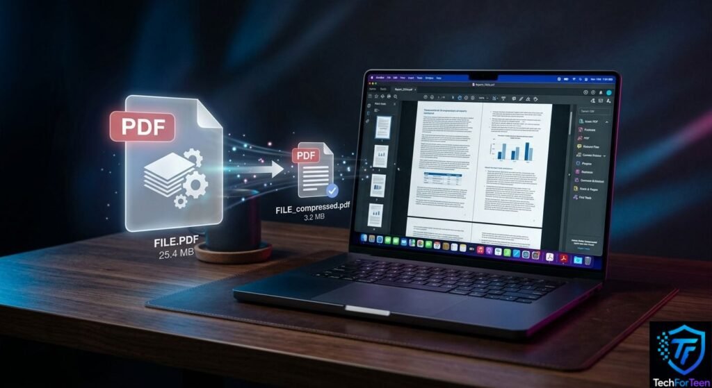 Laptop showing a PDF file being compressed to a smaller size