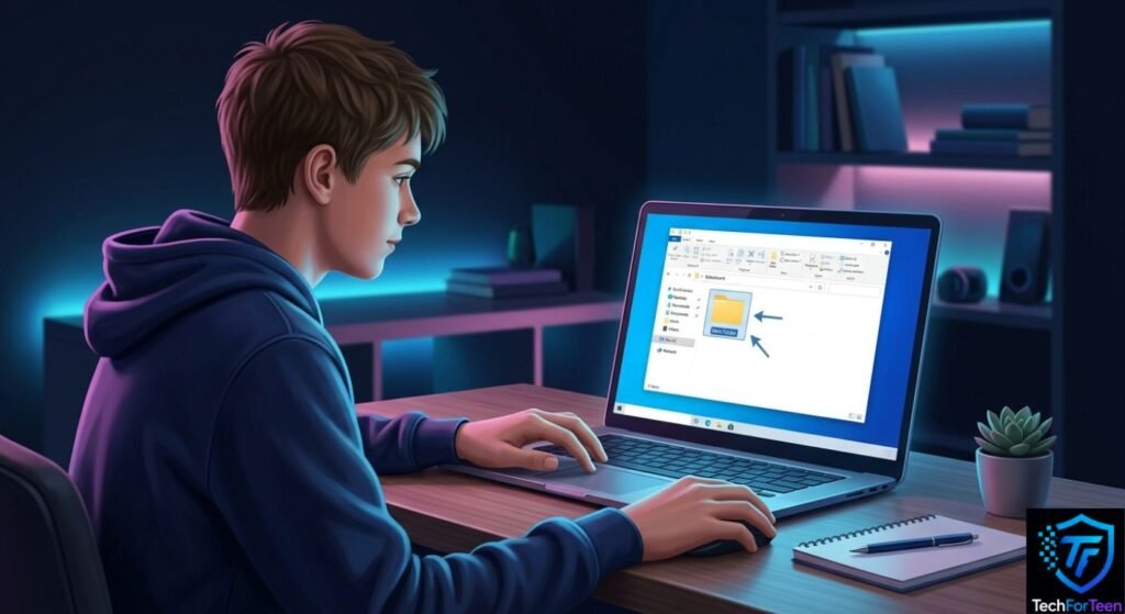Teenage boy creating a new folder in Windows File Explorer