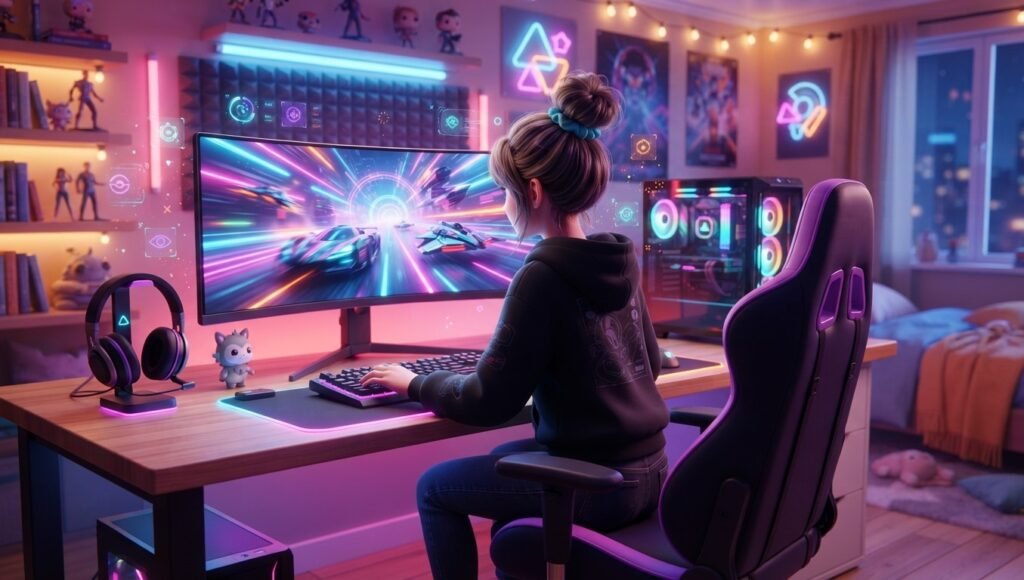 Colorful 3D gaming setup showing ways to improve FPS for smoother gameplay