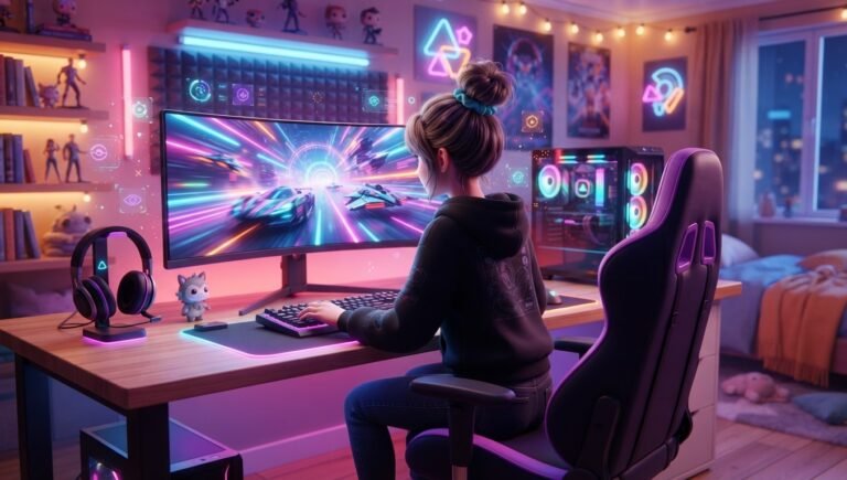 Colorful 3D gaming setup showing ways to improve FPS for smoother gameplay
