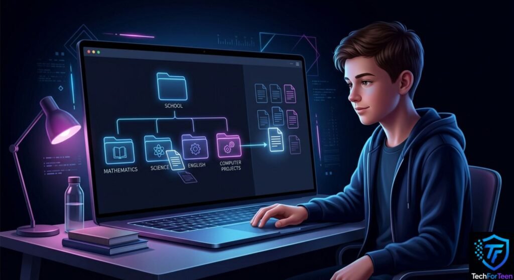 Teenage boy creating folders to organize school files on a computer