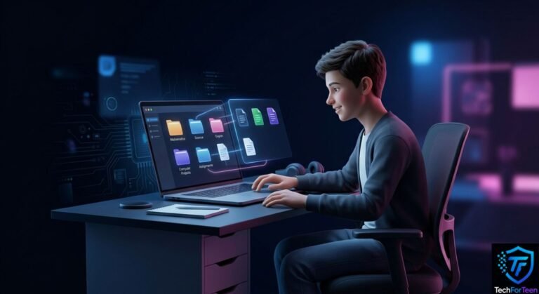 Teenage boy organizing school files into folders on a computer