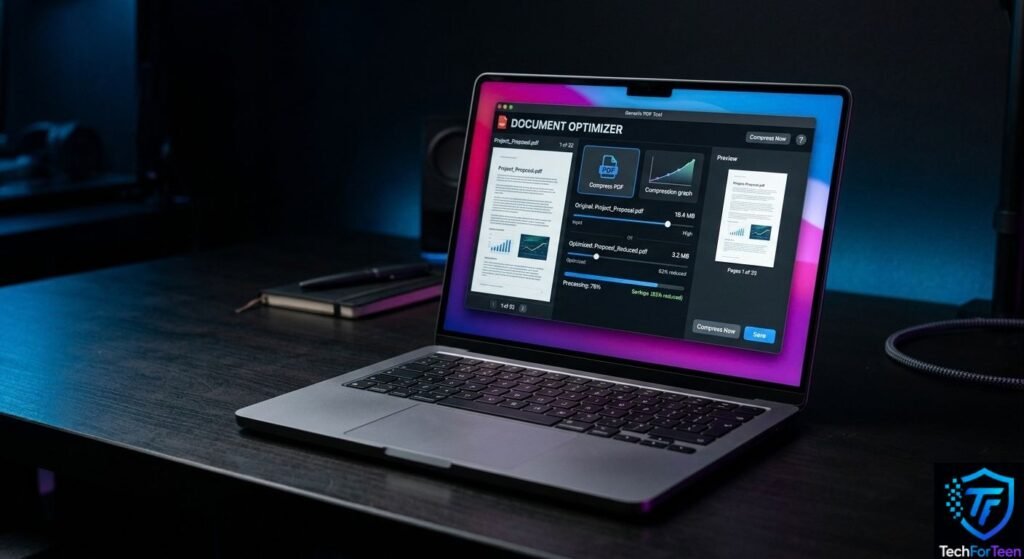MacBook showing a PDF file size reduction process