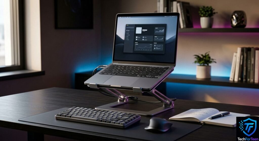 Properly arranged laptop stand with keyboard and mouse