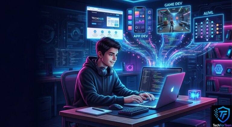 Teenager learning coding on a laptop