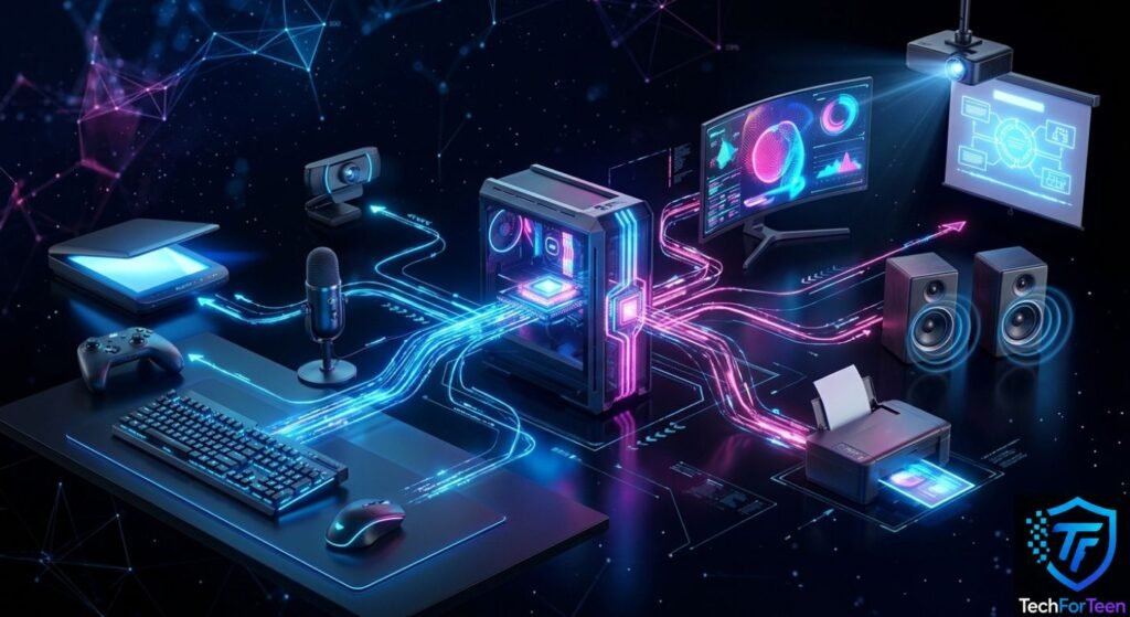 Common computer input and output devices including keyboards, mice, microphones, monitors, speakers, printers, and controllers.