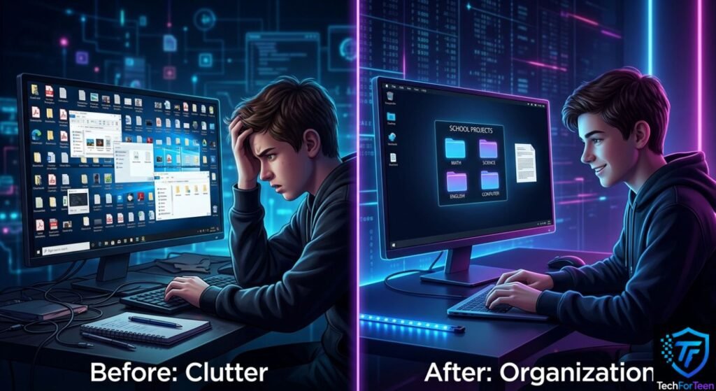 Teenage boy using a clean and organized computer desktop