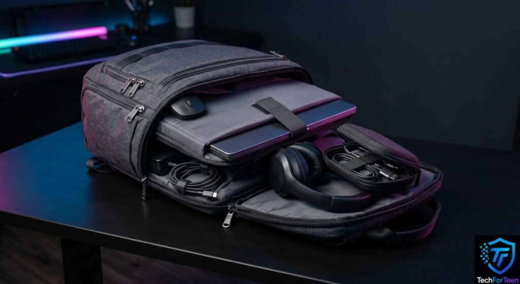 Laptop backpack with a laptop and accessories on a dark desk