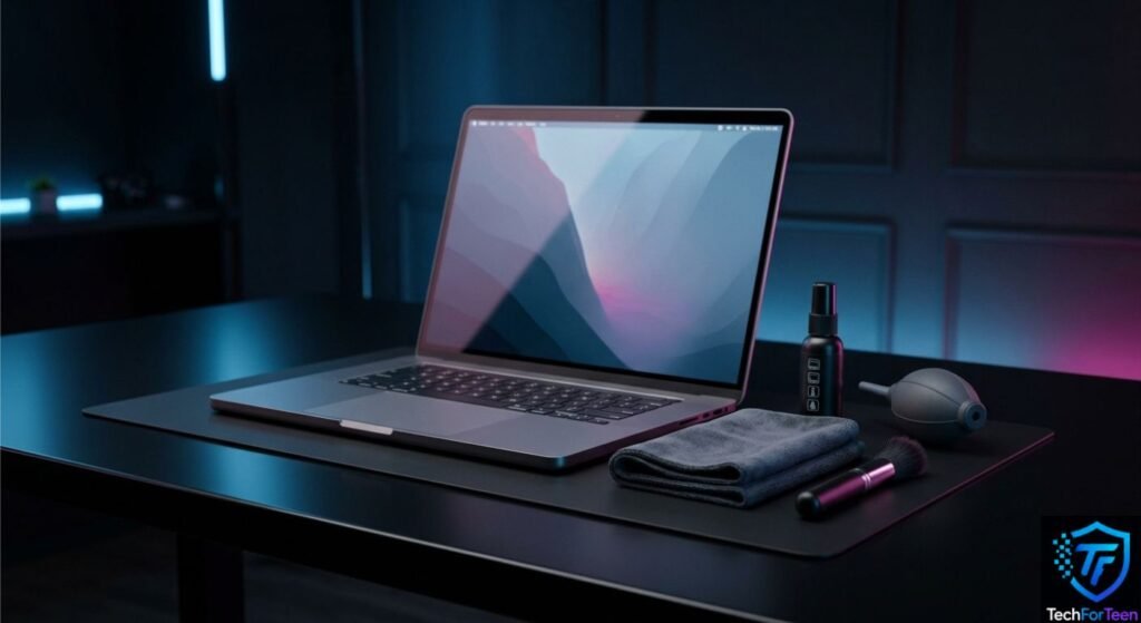 Laptop cleaning tools arranged beside a laptop on a dark desk