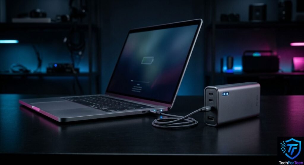 USB-C power bank connected to a laptop on a dark desk