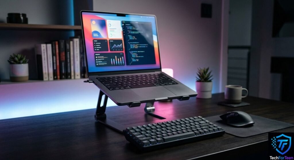 Laptop stand with separate keyboard and mouse on a desk