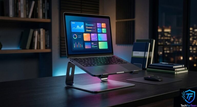 Laptop on an adjustable stand on a modern student desk