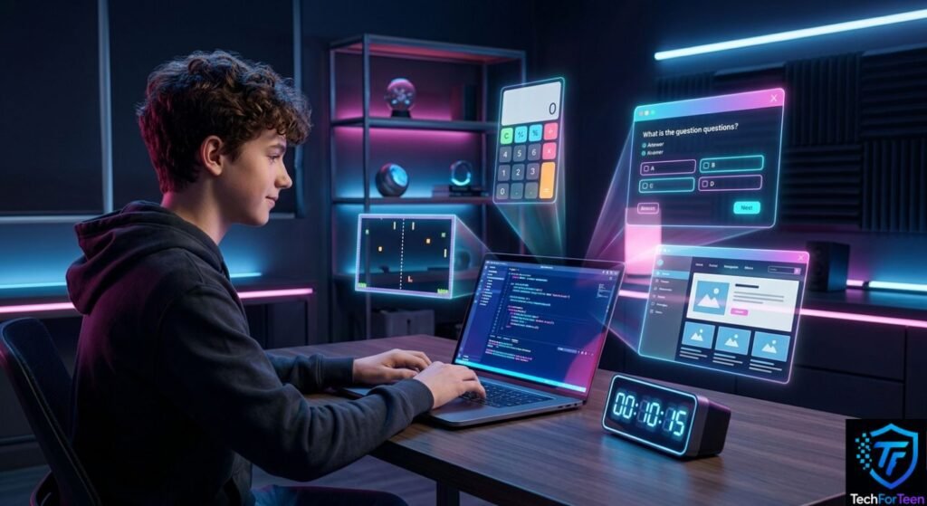 Teenager creating small coding projects on a laptop