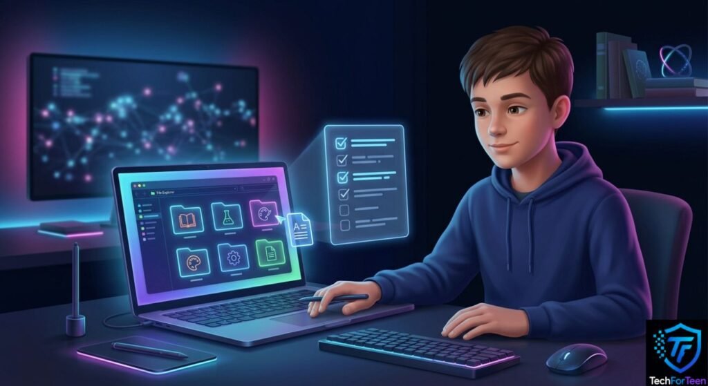 Teenage boy organizing computer files with a simple routine