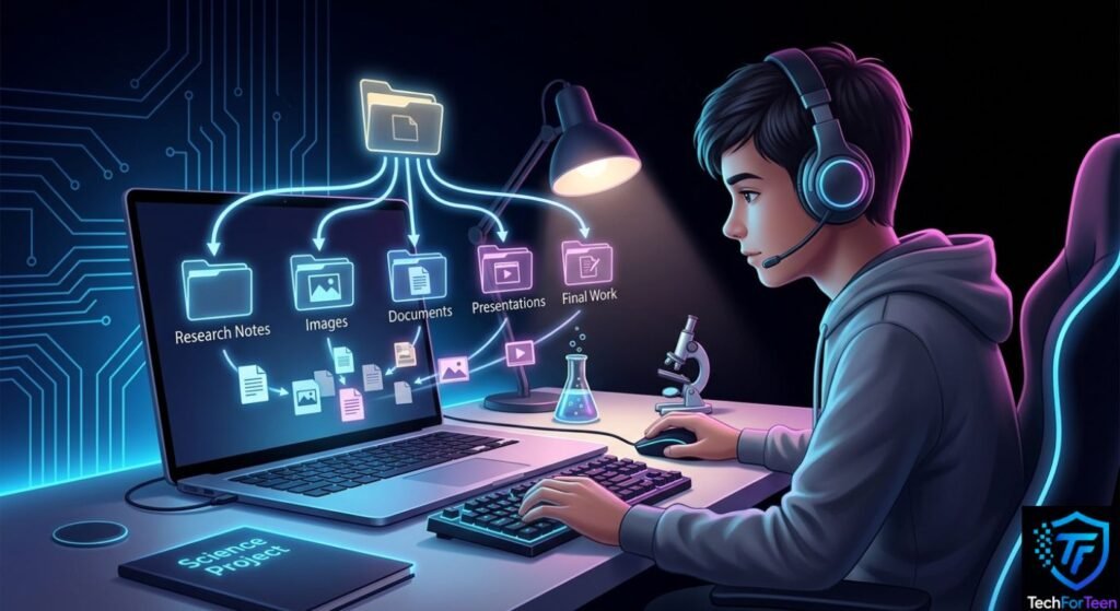Teenage boy organizing research and project files into folders