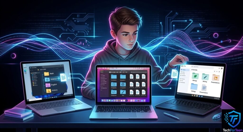 Teenage boy organizing files on Windows Mac and Chromebook