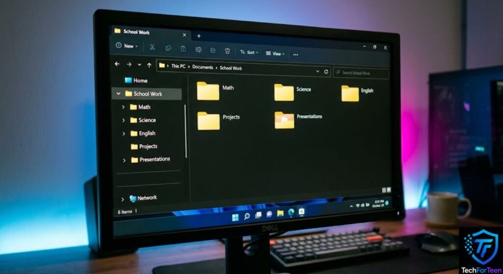 Windows 11 File Explorer showing organized student folders for math, science, English, and projects