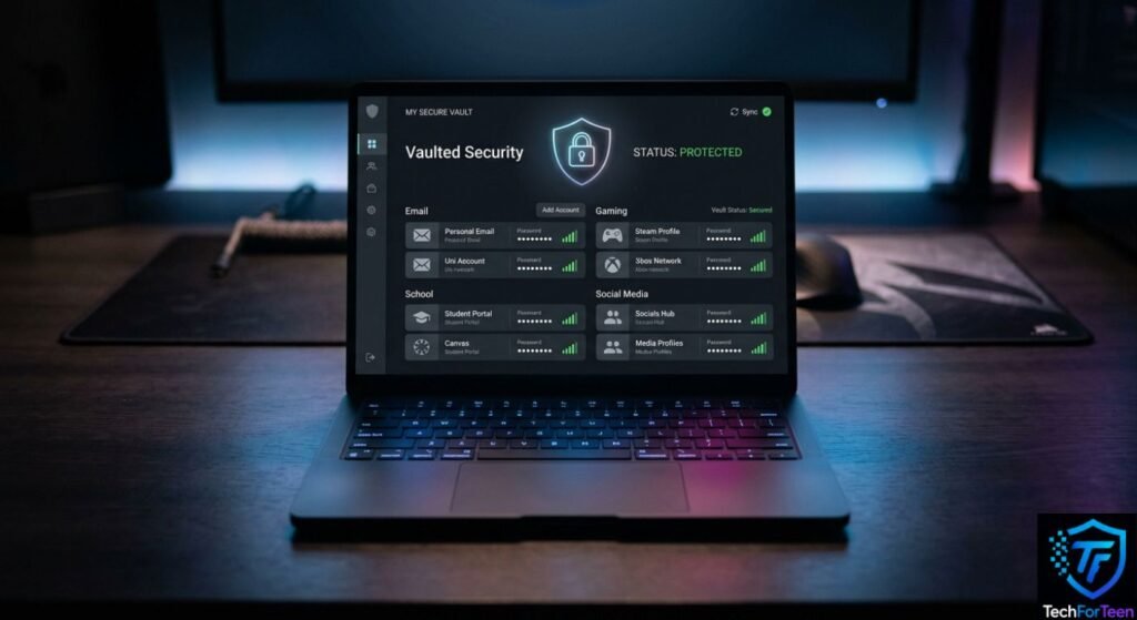 Password manager interface securely storing multiple online account passwords