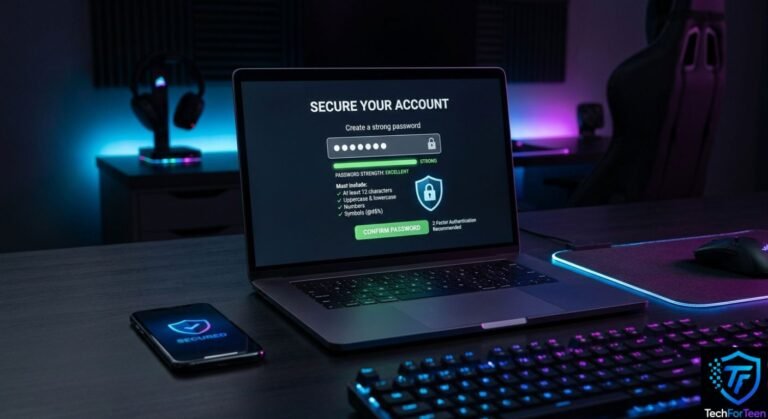Laptop showing a secure password setup screen with digital security elements